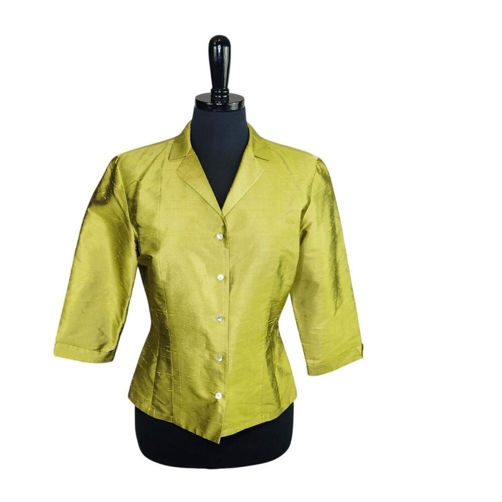 Ann Taylor 100% Silk Blouse Button Up Metallic Green 3/4 Length Sleeve